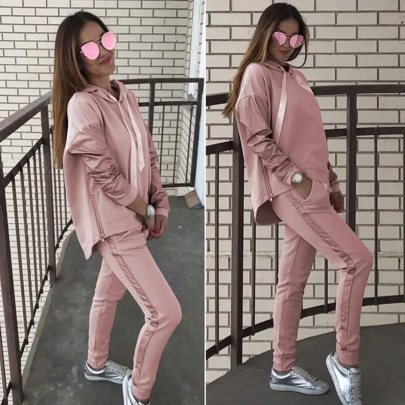 

New fashion women Casual Loose Hoodies solid color sports long sleeve Splice tops + pants suit pants set two piece Hoodies set