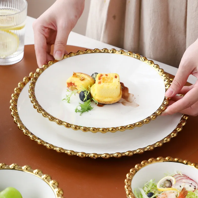 

Light luxury white gold beaded Ceramic plates Bowl Tableware Household Dinner Plate Steak Plate Fruit Salad Bowl Dessert Bo