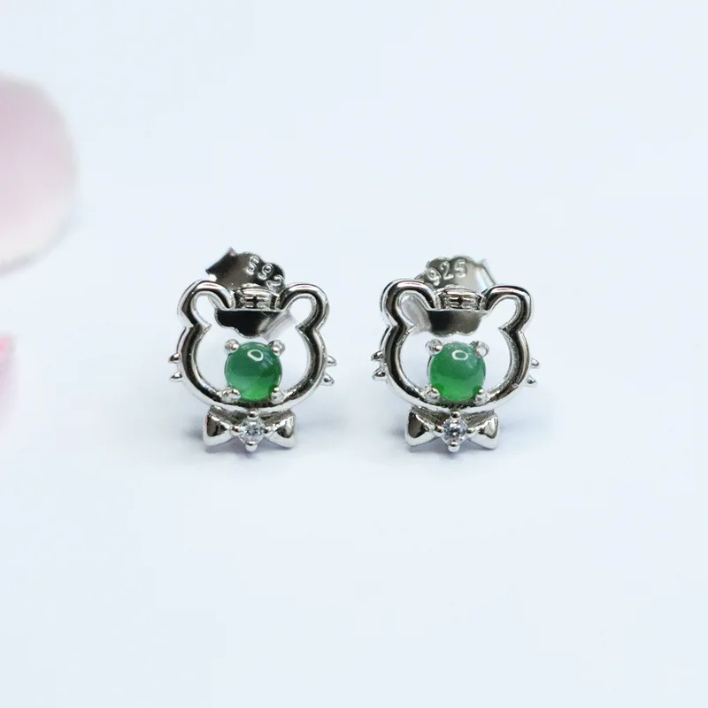 

S925 Silver Inlay Jade Stud Earrings Tiger Emperor Green Ice-Like Ear Hook Factory Live Delivery FC1121617