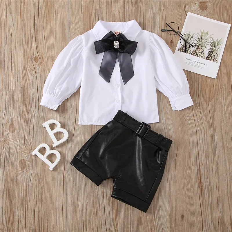 

Fashion Children Girls Clothing Sets Toddler Kids Girls Lace Bowtie Blouse Shirts Tops+pu Leather Shorts Tracksuits Outfits, As picture