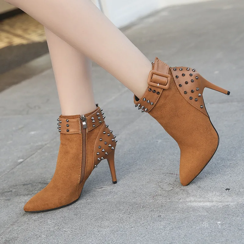 

Winter Fashion Women Boots Brown Pointed Toe Elastic Ankle Boots Heels Shoes Autumn Winter Female Boots, As picture