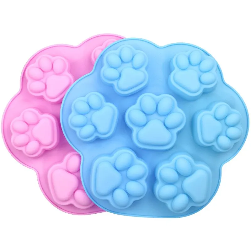 

B1-32 DIY Handmade Making Candy Chocolate Pudding Baking Tools 7 Cavity Cat Paw Shape Silicone Cake Mold, Multi-color