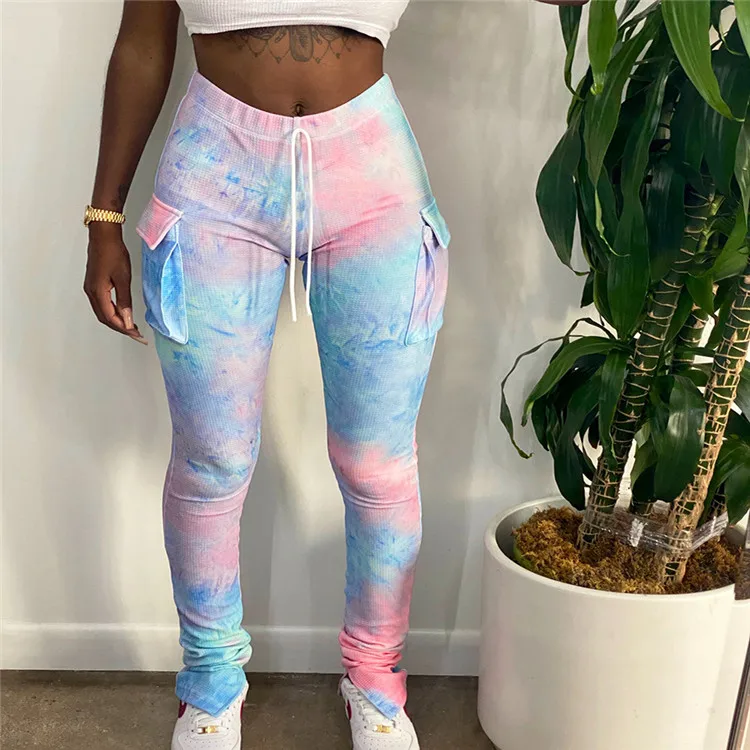 

Yoga Tie Dye Split Leg High Waist Spring Fashion Flared Leggins Stacked Sweat Pants Workout Pants With Pockets Piece Pant, As picture