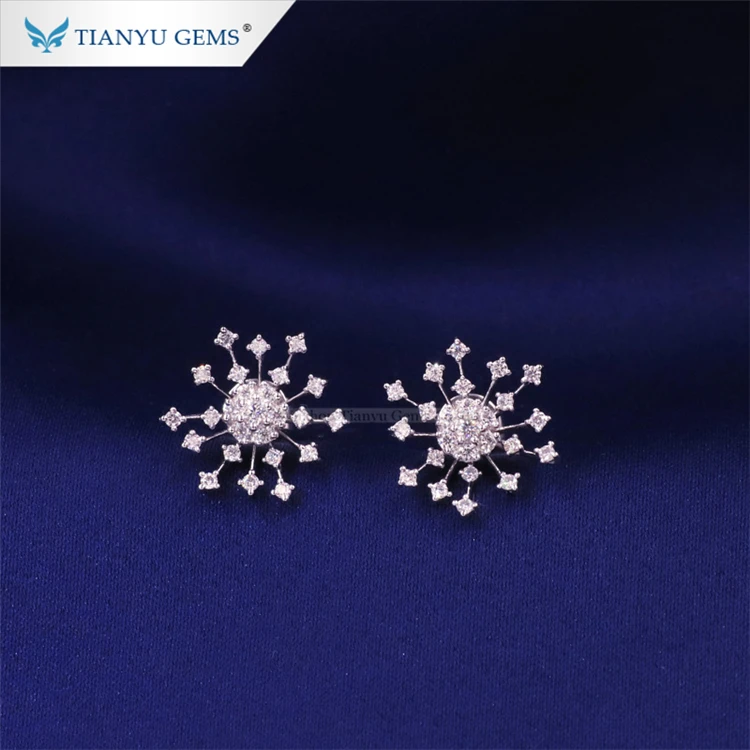 

Tianyu gems snowflake shape jewelry solid 10k gold white round moissanite woman stud earrings, White gold