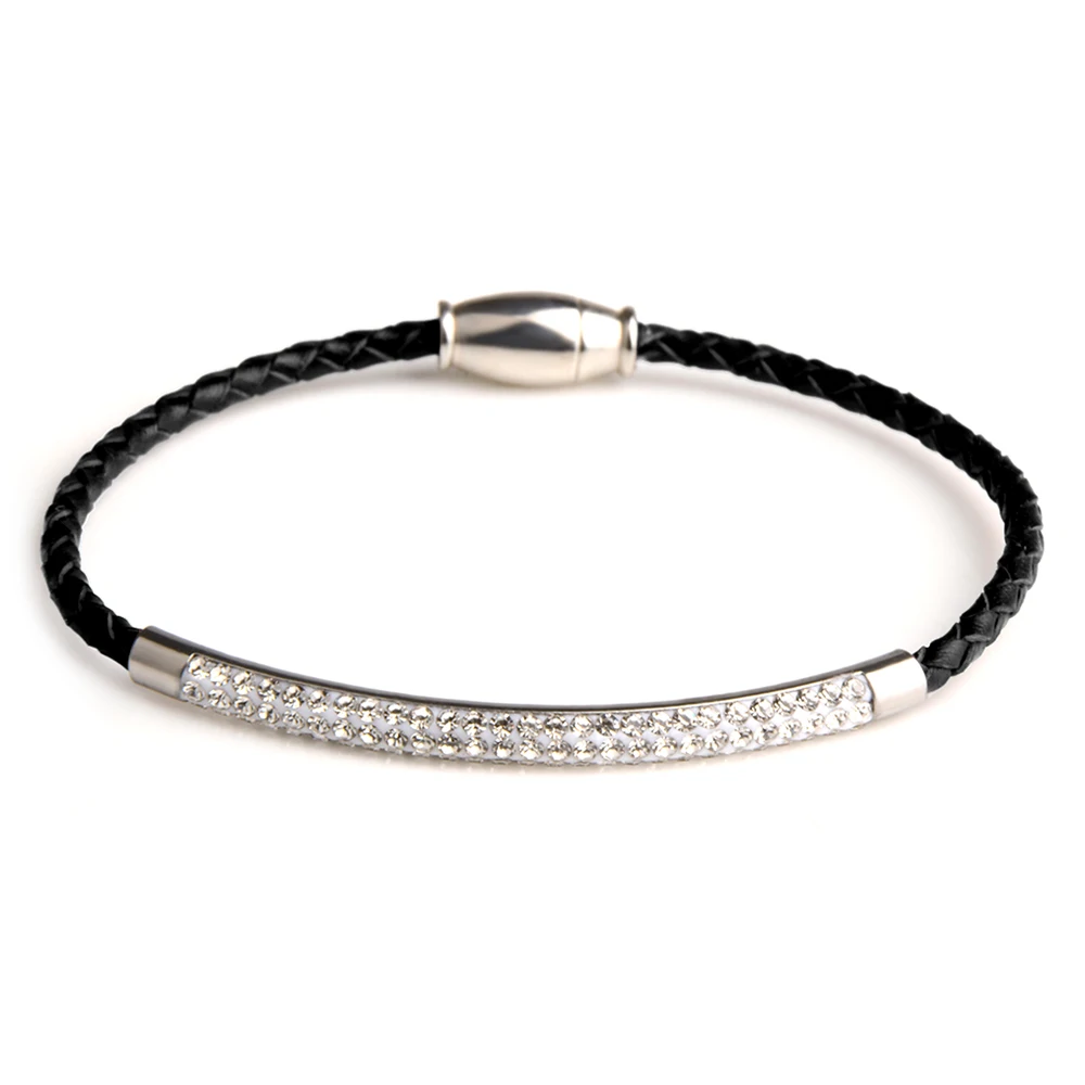 

Wholesale Stainless Steel Charm Wrap Rhinestone Leather Bangle Bracelet For Men Women Jewelry