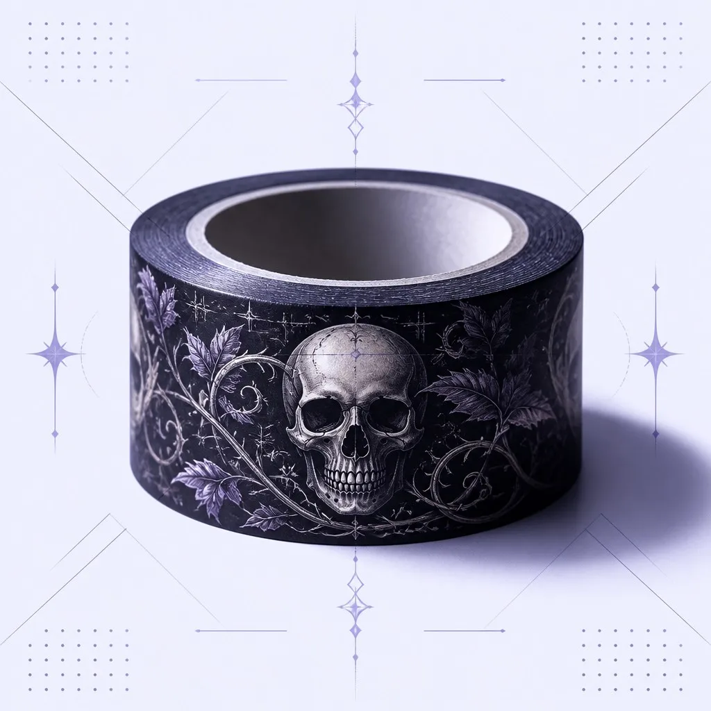 Dark gothic washi tape roll with skull and vine illustration
