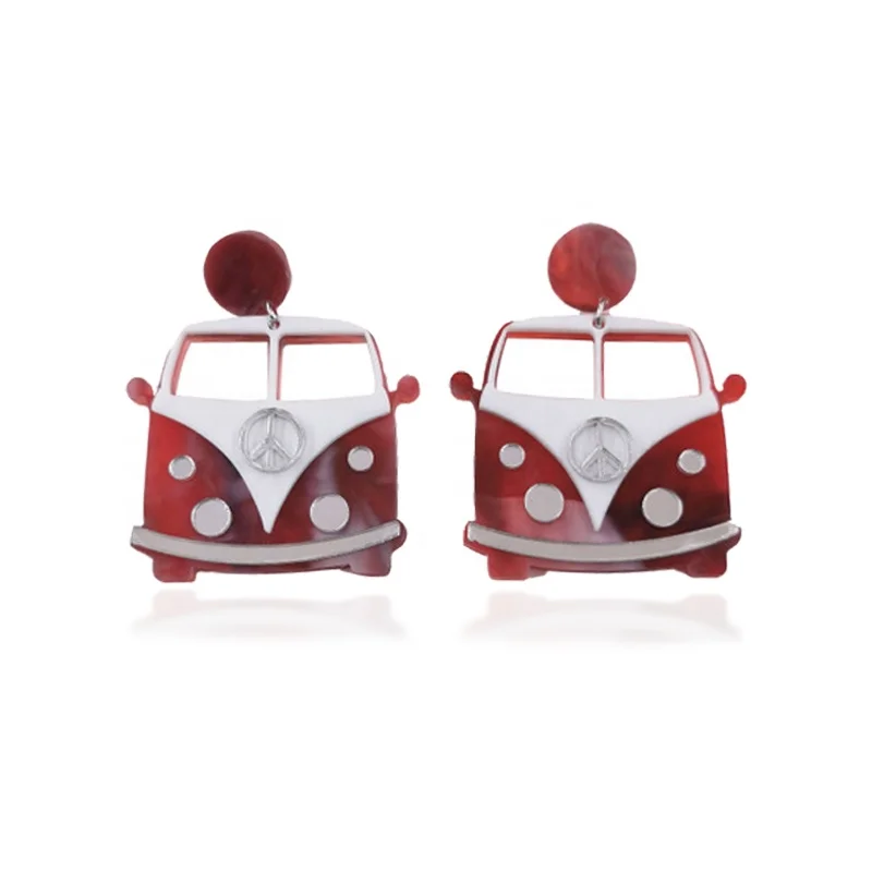 

New Design Lovely Wholesale Red Bus Camper Car Charms Acrylic Drop Earring Creative Personality Funny Jewelry