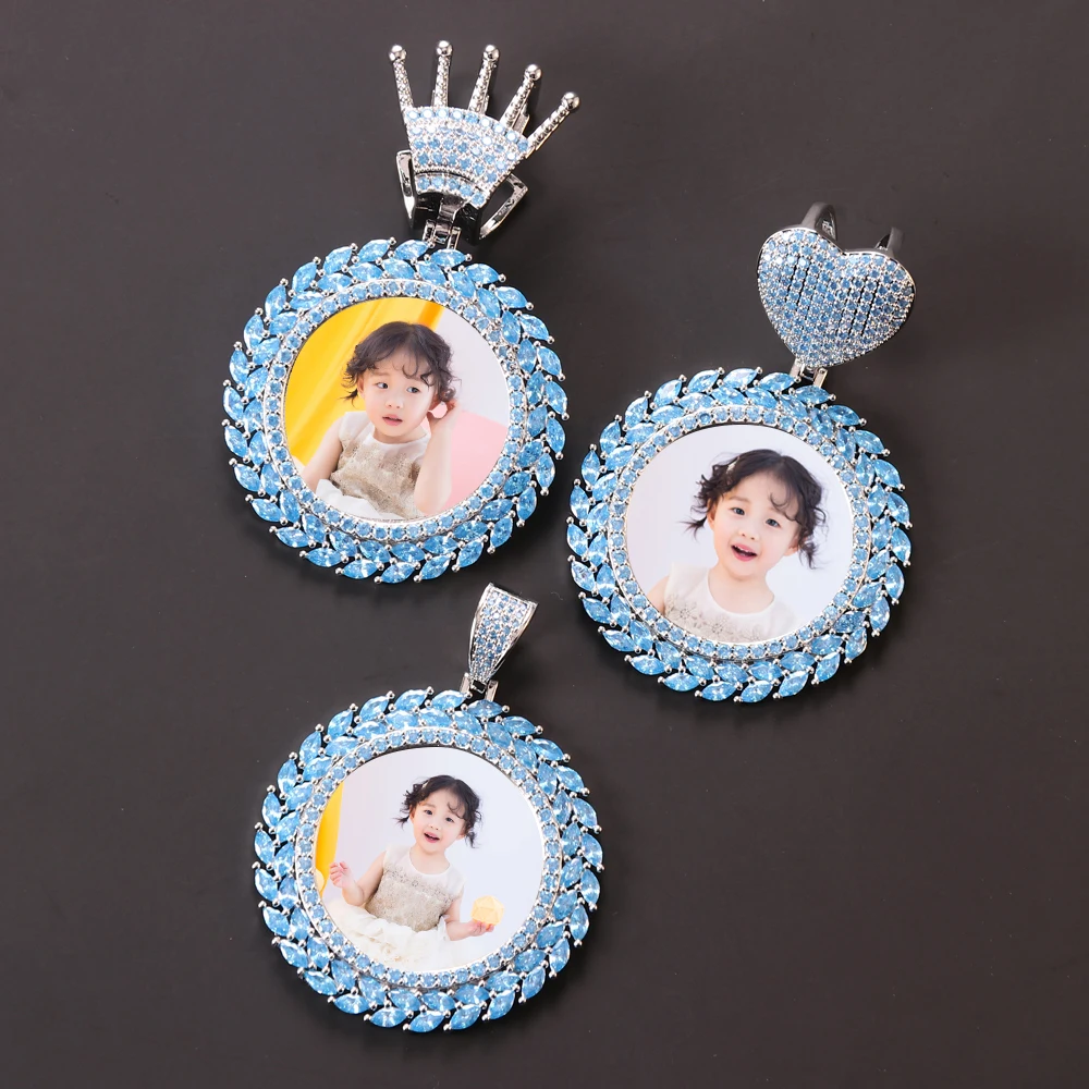 

2023 The latest popular high-quality heart crown leaf blue zircon custom photo pendant sublimation necklace rope chain