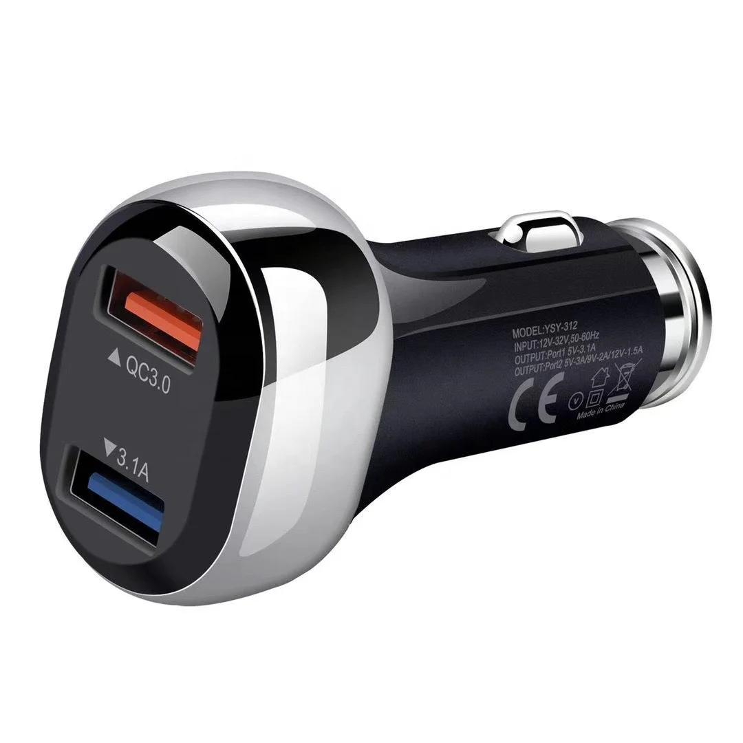 

Car Phone Charger Quick Charge 3.0 Dual Port Usb 32W car charging 5V/6A cigarette lighter USB Hub 2 Port, Black white