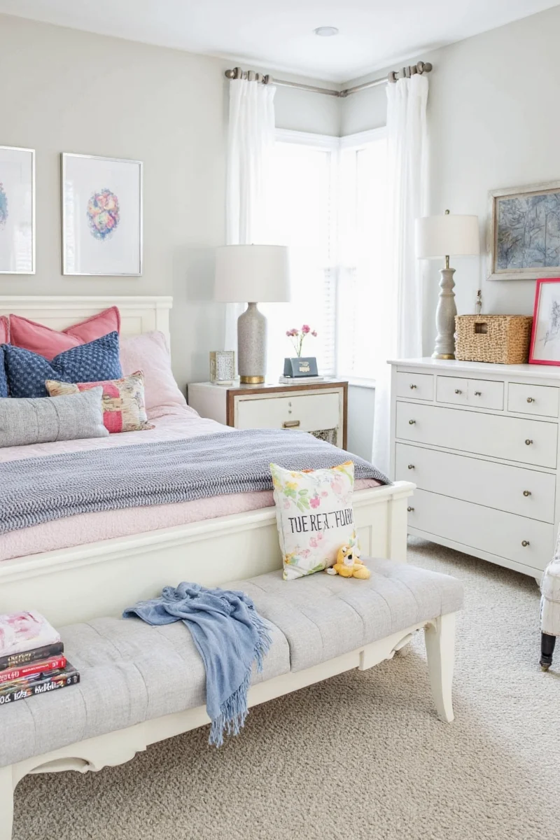Furniture secured to walls with hidden brackets and cordless blinds