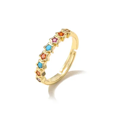 

Wish Hot Sale Colorful Crystal Star Rings 18k Gold Plated Rainbow Zircon CZ Star Finger Rings For Women Girls Party