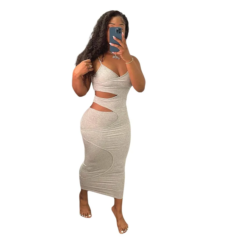

Jiemai OD003 Women Summer Streetwear Soild Hollow Out Bodycon Dresses Women Maxi Dress, Yellow,orange,grey