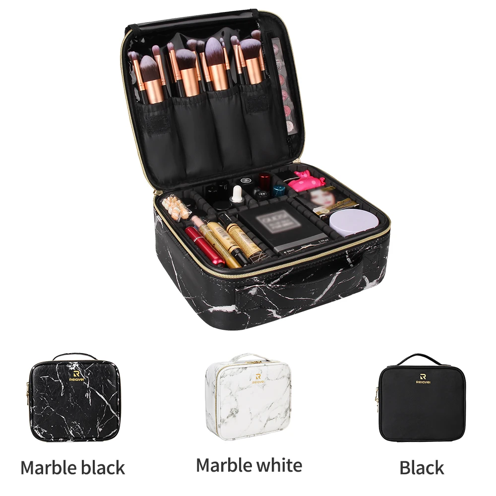 

Relavel 2021 New Luxury Portable Waterproof Train Adjustable Dividers Small Cosmetic Beauty Makeup Case For Artist, Marble black
