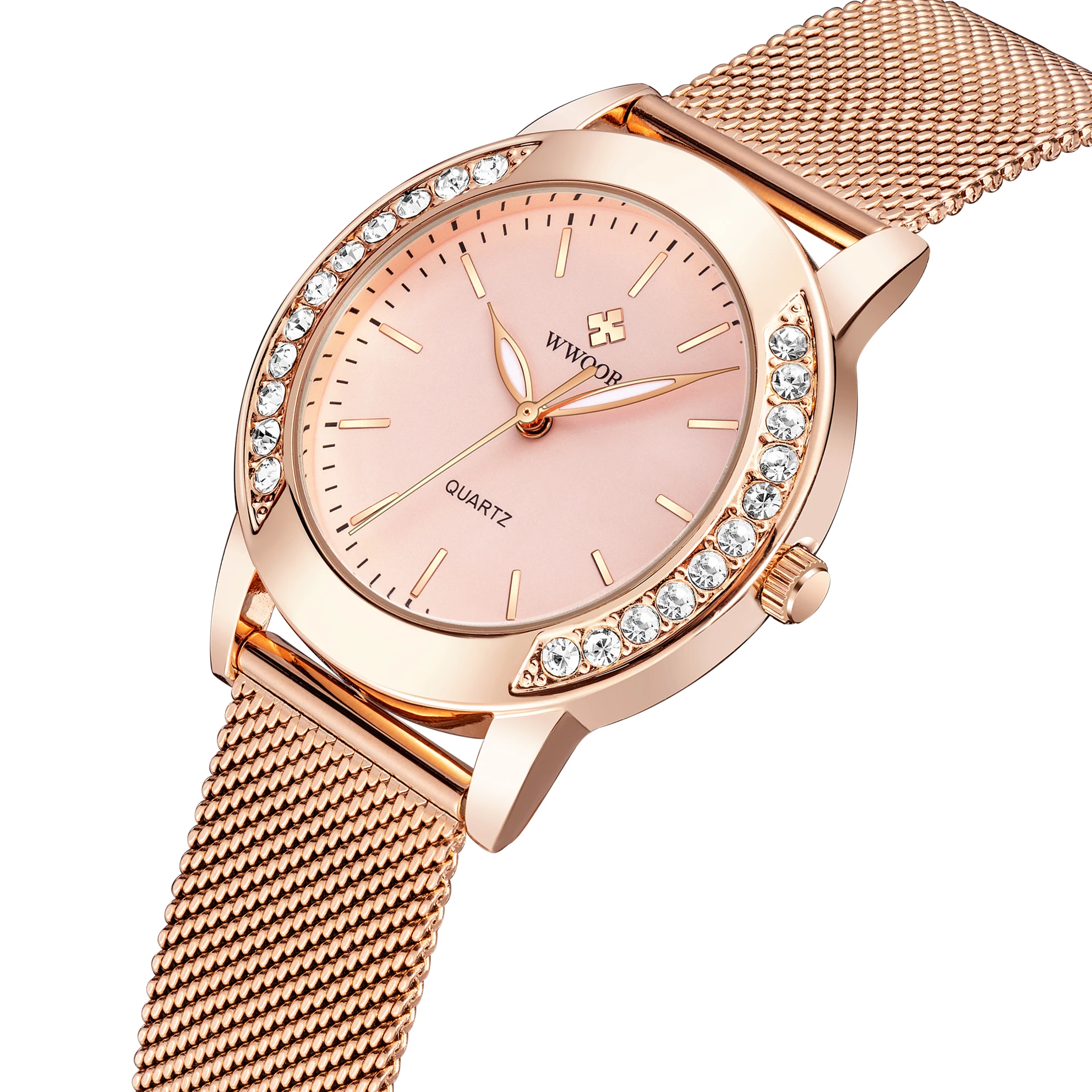 

WWOOR 8877 Watches Women New Style Quartz Wristwatches Diamond Watch Stainless Steel Mesh Fashion Reloj de mujer, 3 color
