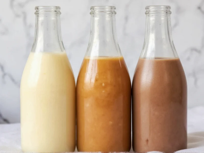 Three glass bottles of homemade creamer in vanilla caramel and mocha flavors
