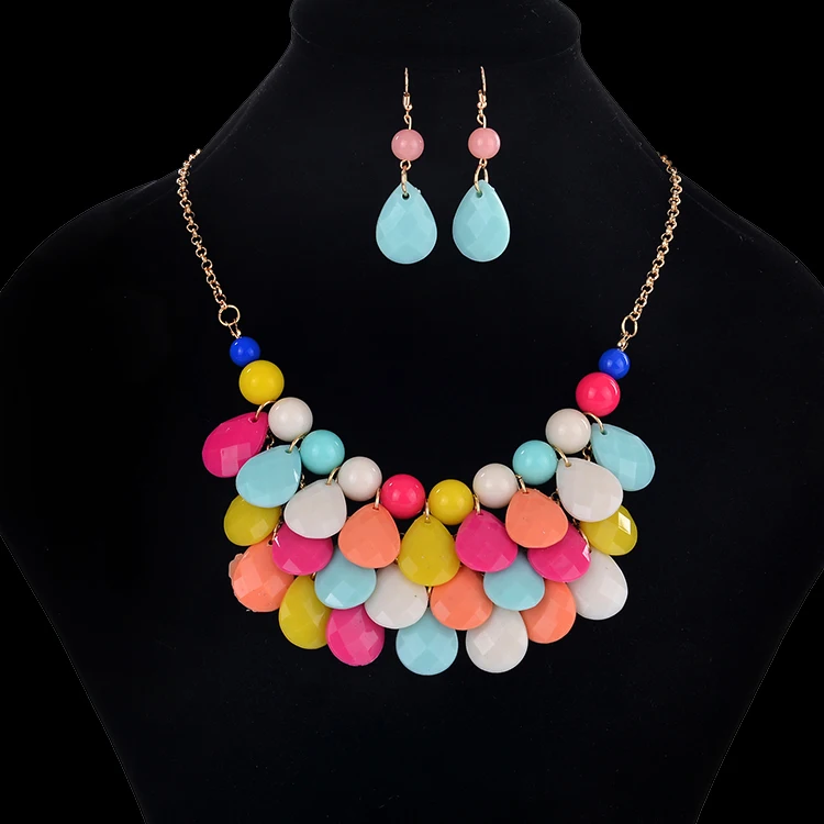 

RisingMoon Conjuntos de joyas Wholesale Multilayers Water Drop Acrylic Jewelry Sets Big Crystal Earring and Necklace Set, Picture shows