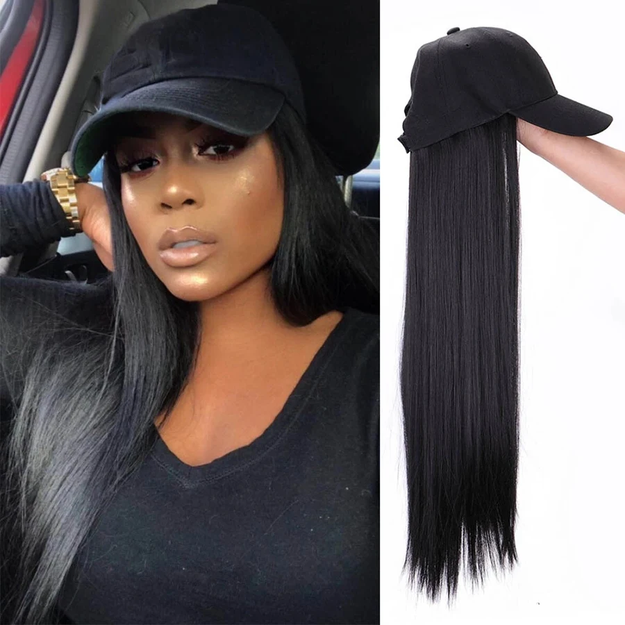 

Hot Sale Long Straight Wig Hat Natural Color Synthetic Wig Hats For Black Women Cheap Baseball Hats Wig Adjustable, Pic