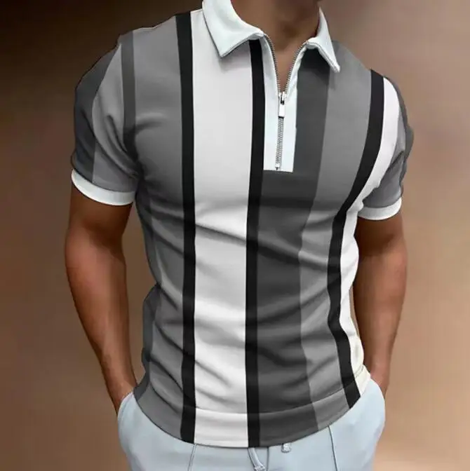 New Arrival Stripe Printing Lapel Short Sleeve Pullover Men's Top Casual  Custom Printing Plain Polo Shirt