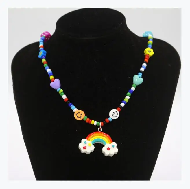 

Boho Miyuki Seed Beaded Choker Necklace Jewelry Cute Acrylic Smiley Face Beads Rainbow Pendant Necklace For Girls Kids