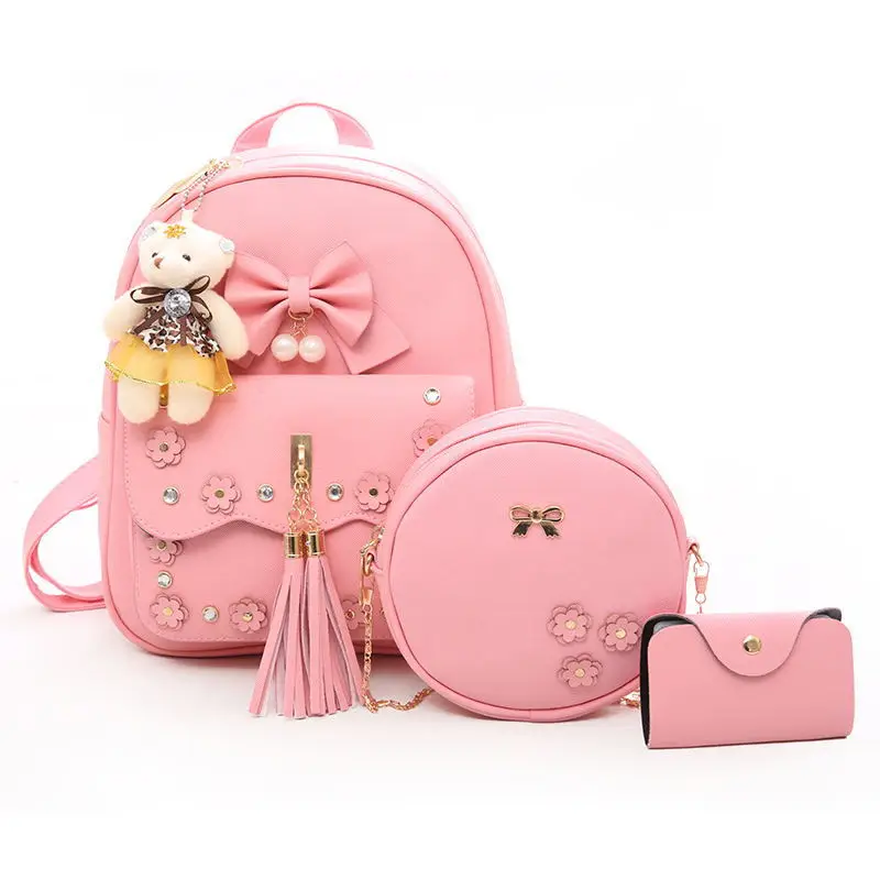 

Beautiful Bow Flower Tassel Bear Pendant Three-Piece Set Women Backpack, Black/gray/khaki/pink