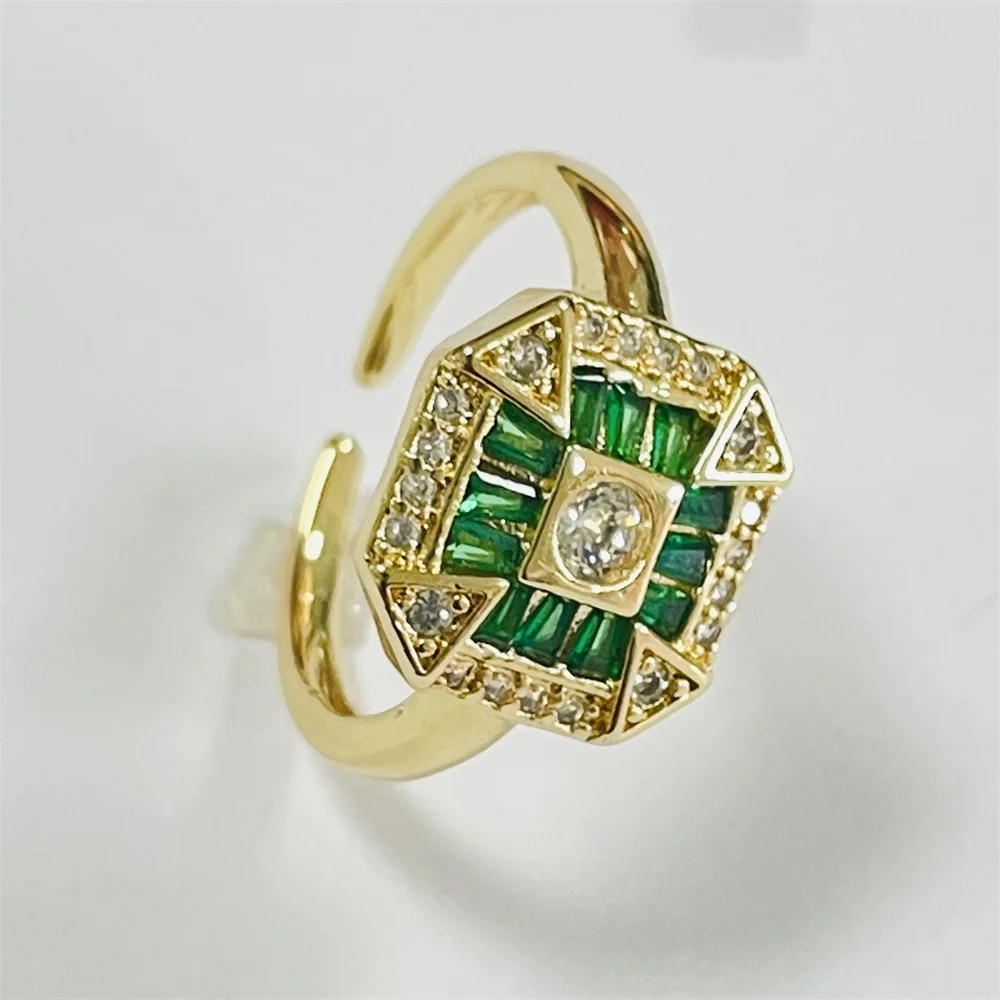 

Luxury Elegant Geometric Emerald Finger Rings 18K Gold Plated Square Green Crystal Zircon Rings For Men Women