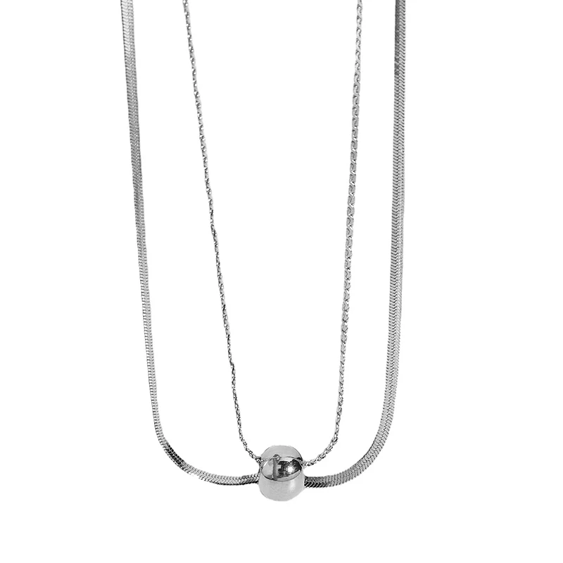 

14K Gold Plated Stainless Steel Double Flat Snake Chain Hollow Round Bead Pendant Titanium Steel Necklace Party Jewelry Gifts, Gold silver color