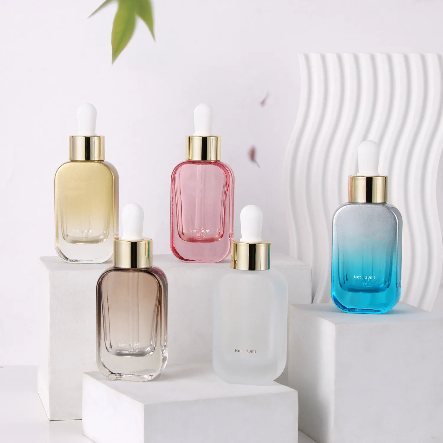 

Cosmetic Packaging 30g pink gold pearl white clear black grey blue clear and frosted glass dropper bottle essence oil bottle