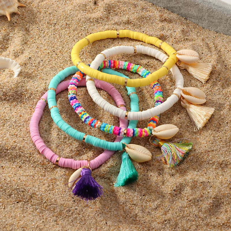 

2021 Summer Colorful Polymer Bead Soft Ceramic Alloy Shell Tassel Elastic Charm Bracelets For Women, As pics