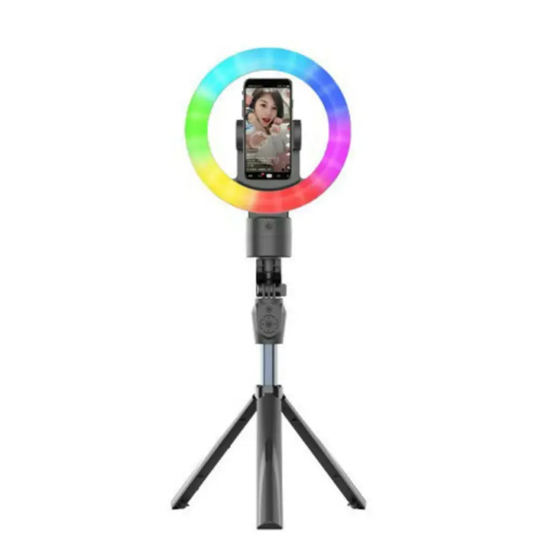 

New design portable 360 photo booth ring light rbg selfie stick with tripod stand dimmable lighting studio for video shooting