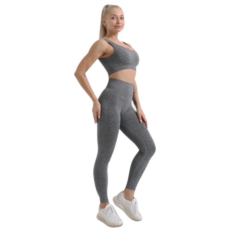 

2021 New Women's Seamless Gym Yoga Two Piece Suit Ladies Solid Color Running Sports Clothes Sets Sleeveless Nylon Solid Pattern, Blue, purple, black, khaki, pink, gray