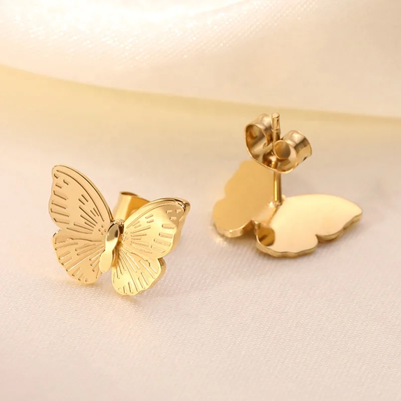 

New Design Butterfly Wing Earrings Butterfly Stud Earrings with Long Chain Women's 18K Gold Plated Stainless Steel Trendy CN;GUA