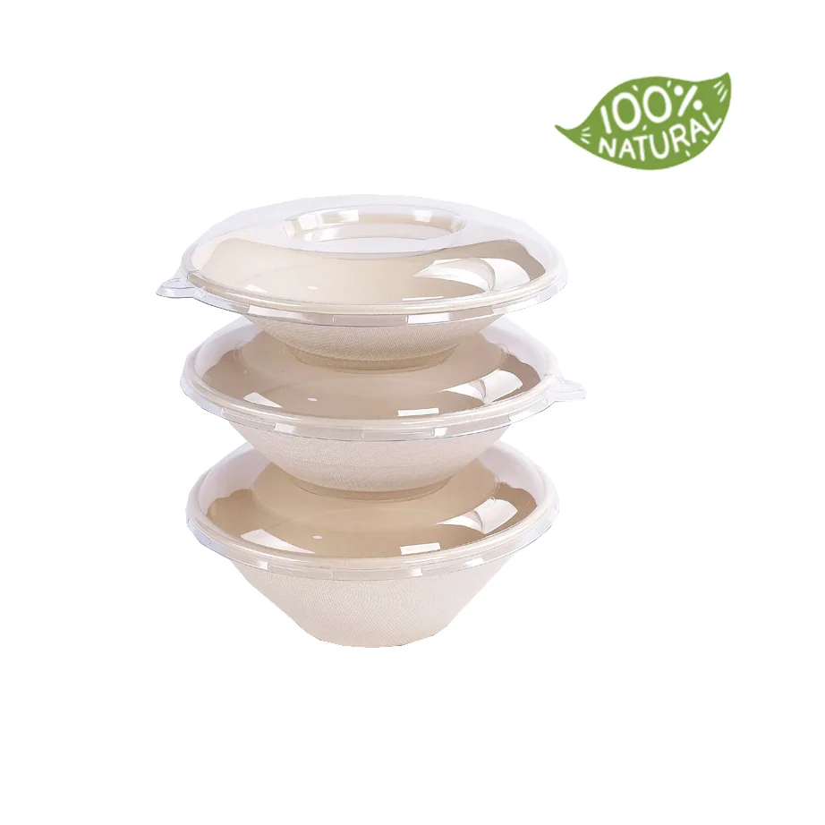 

Free Sample 24/32/40oz Biodegradable Disposable Sugarcane Bagasse Salad Bowl with PET Lid