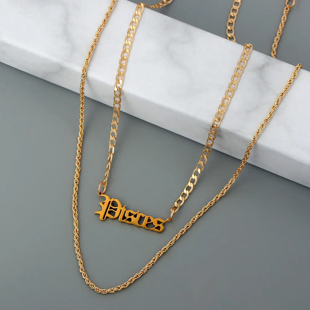 

Boho Fashion Personality Jewelry Punk Metal Gold Plated Twisted Chain Choker 12 Zodiac Pisces Letter Pendant Multilayer Necklace, Gold color