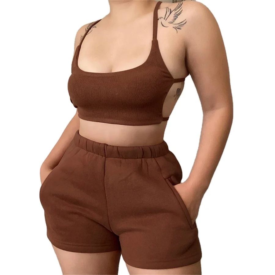 

K21S02606 2021 Summer Clothing Wholesale Two Pieces Short Pants Set Sweat Backless Set Jogger Two Piece Short Set Women