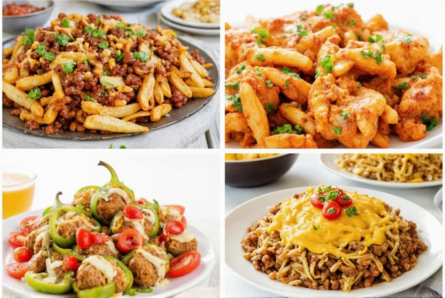 Creative serving ideas for chili nacho cheese including nacho bar, loaded fries, stuffed bell peppers, and breakfast hash