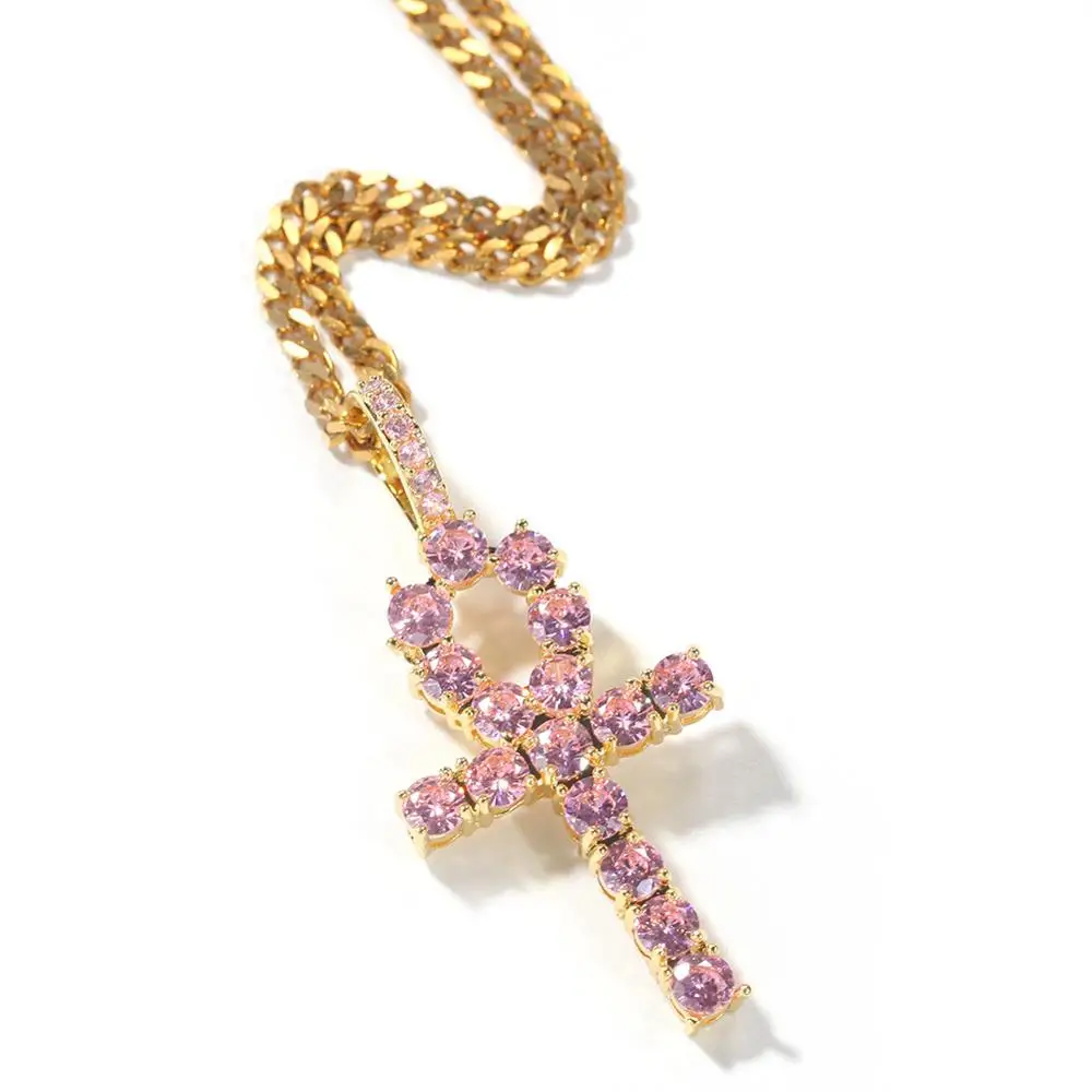 

Ruigang European New Arrival Hips Hops Iced Out Pave Pink Color Cubic Zirconia Ankh Cross Pendant Necklace, As picture shows