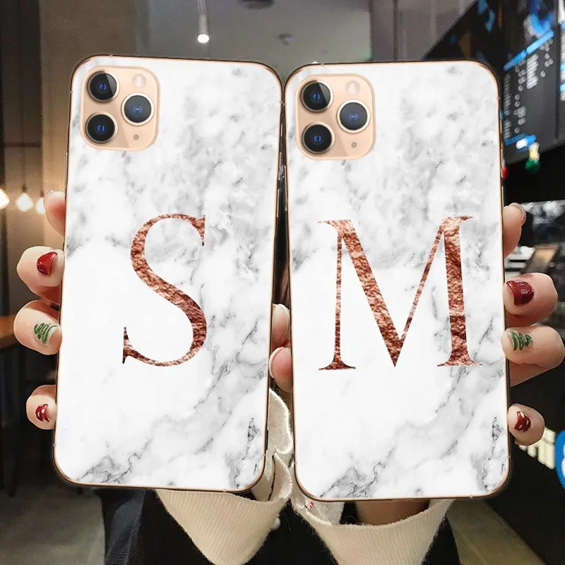 

Letter Monogram A B C D white marble Soft TPU Phone Case For Coque iPhone 12 Mini 11 Pro Max X XR XS Back Cover Fundas Shell