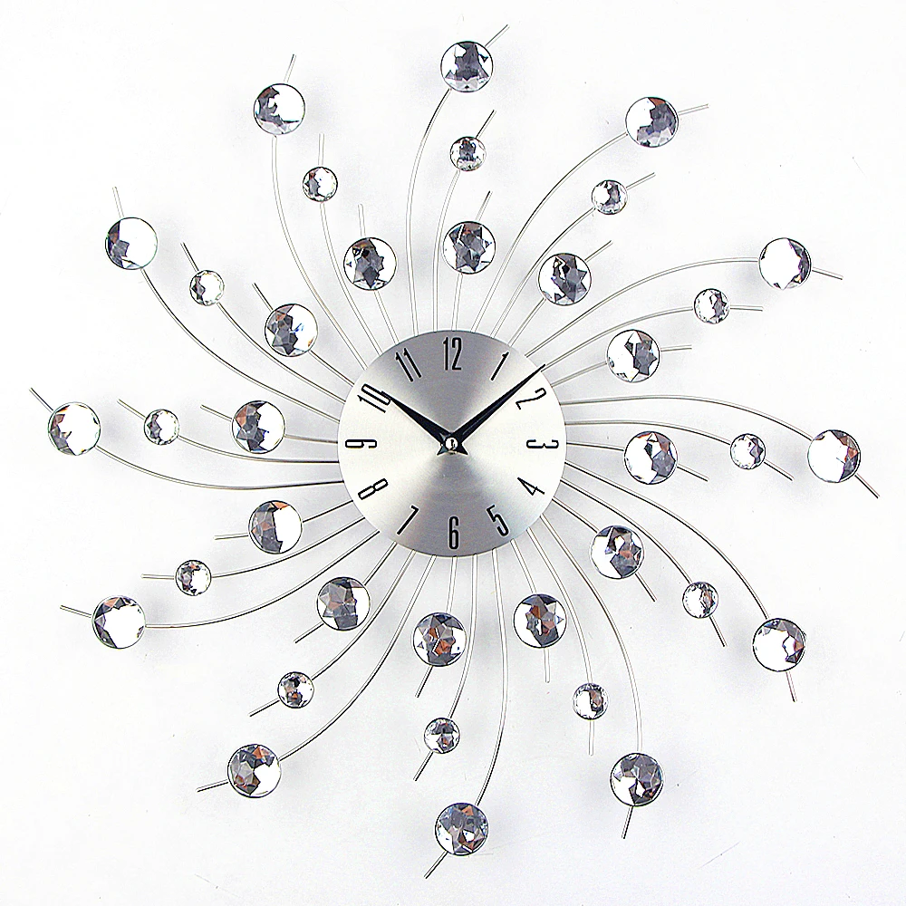 

Creative Crystal Diamond design nordic quartz luminous Metal Large home Decorative modern wall clocks wall reloj pared horloges, Silver