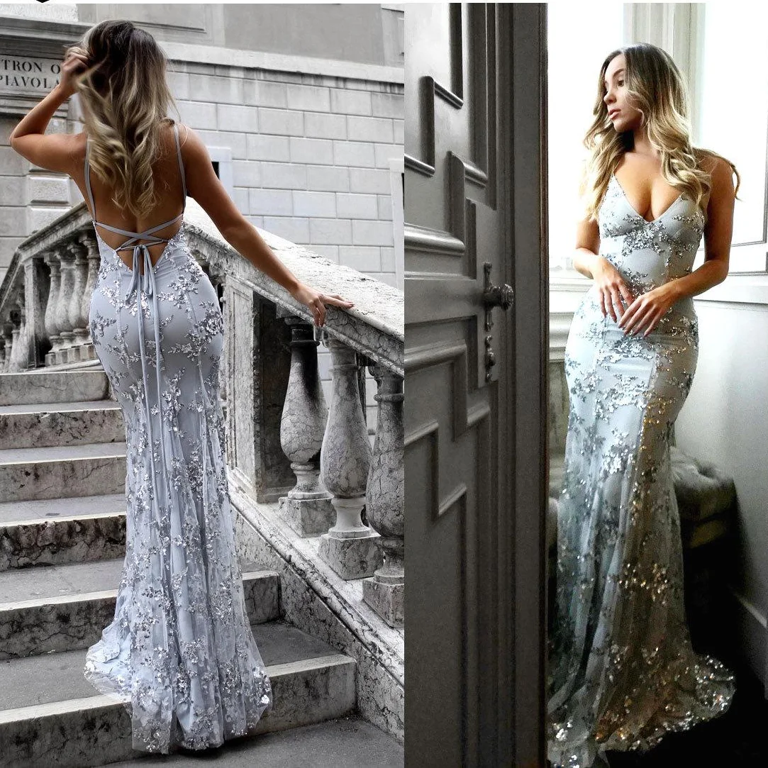 

New fashion 2021 women summer sequin robe de soiree deep v-neck floor-length long backless evening dress with sequined