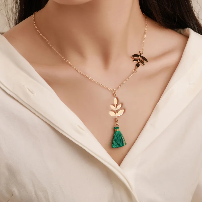 

Trendy Bohemian Green Color Tassel Necklace Earrings Set 18K Gold Plated Leaf Shape Fringe Tassel Necklace Set