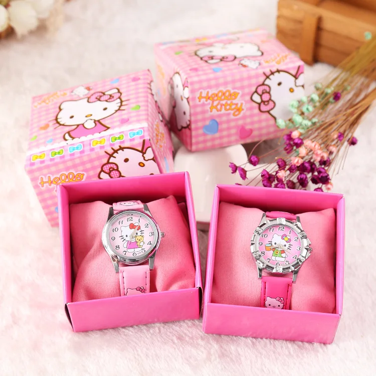 

Fashion Cartoon kids Watches For Girl Kt Cat Cute K Cartoon Children Leather Watches fancy Clock Wristwatch Gift With Box set