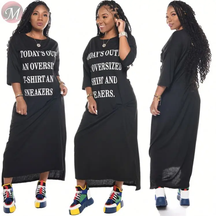 9101015 wholesale price three quater sleeve letter print Designer Maxi Women Casual Dresses
