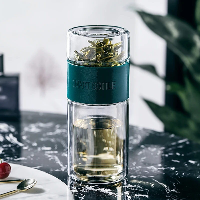 small size 200ml double wall glass water bottle with tea infuser