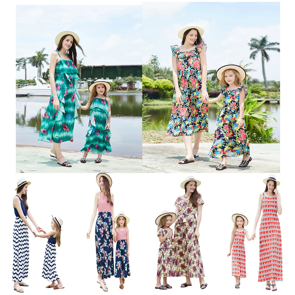 

2021 Hot Family Clothing Set Mom and Daughter Baby Cotton Causal Dress Printed Flowers Beach Dress for girls, Picture