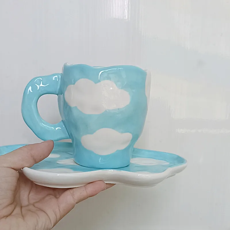 

Solhui Ceramic Hand-Made Blue White Cloud Coffee Mug Tray Set, As image