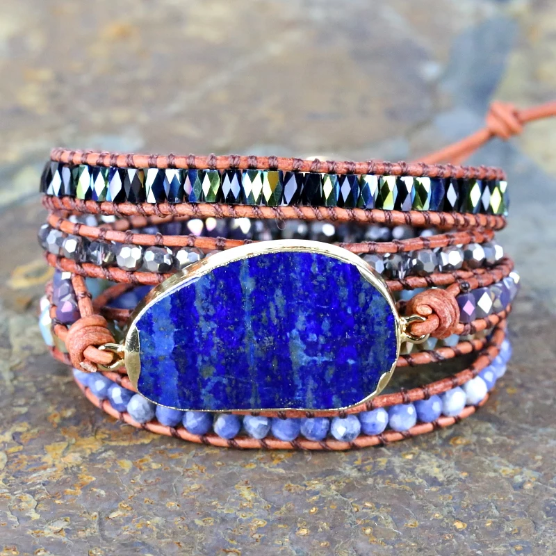 

2020 new lapis lazuli charms Leather Bracelet natural Stone Women 5 Layers Wrap Bracelet Boho Bracelet Jewelry Dropshipping