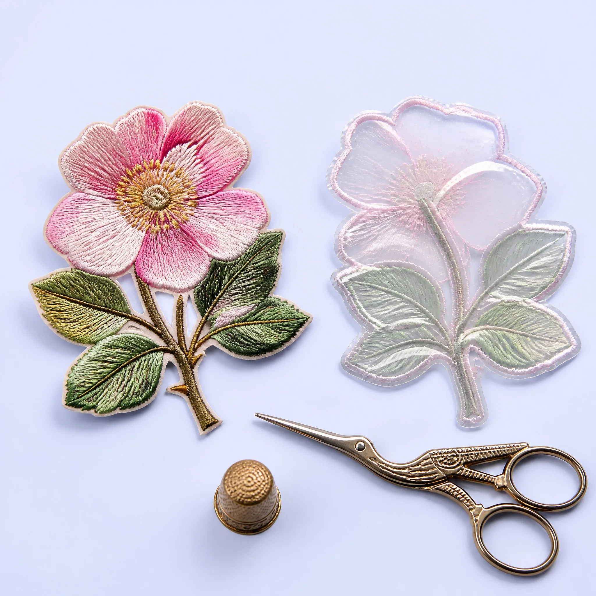 Wild Dog Rose Embroidered Patch Front and Sheer Organza Transparent Backing with Vintage Stork Embroidery Scissors and Brass Thimble