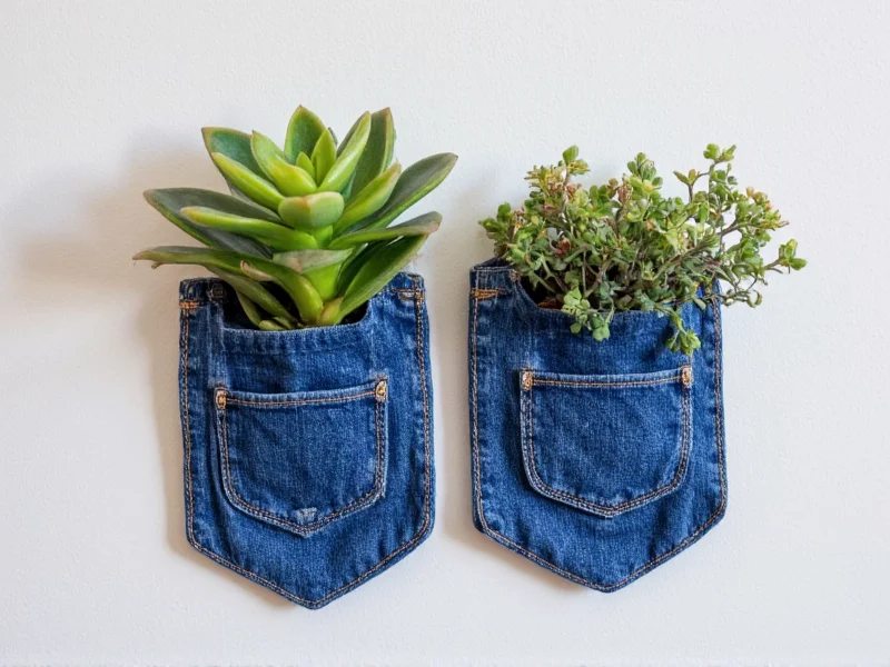 Denim pocket planters with small green succulents