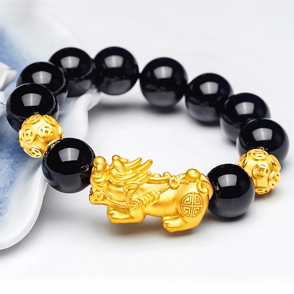 

Chinese Original Gold Fengshui Pi Xiu Black Obsidian Jade Stones Pi Yao Beads Wealth Piyao Lucky Pixiu Feng Shui Bracelet
