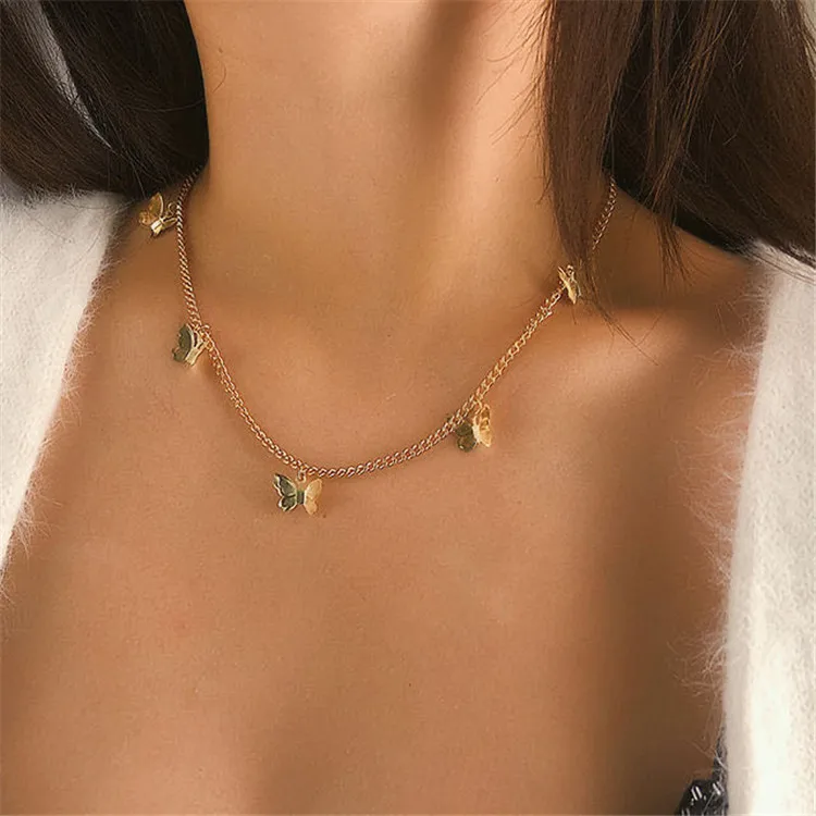 

Cute Butterfly Choker Necklace For Women Gold Chain Statement Collar Female Chocker Best Shining Jewelry, Gold silver